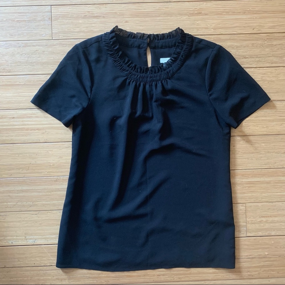 J Crew Factory Ruffle Neck Blouse Short Sleeve